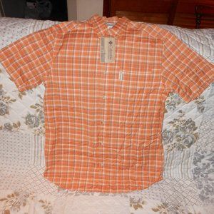 NWT Men`s Columbia Vintage Style Plaid SS Button Up Shirt Orange Blue White Sz M